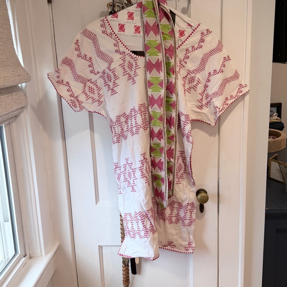 Hand-Embroidered White Mini Dress with Pink Pattern